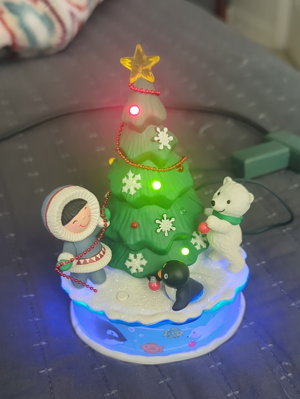 Hallmark Green Light-Up Holiday Tree Figurine with Polar Bear, Penguin & Child